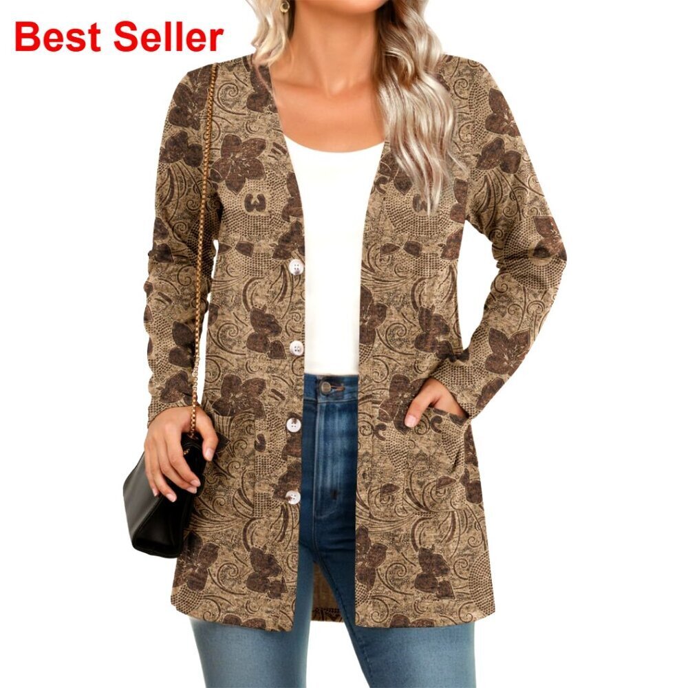 Lightweight Knit Cardigan with Pockets, Open Front, Casual Office Wear